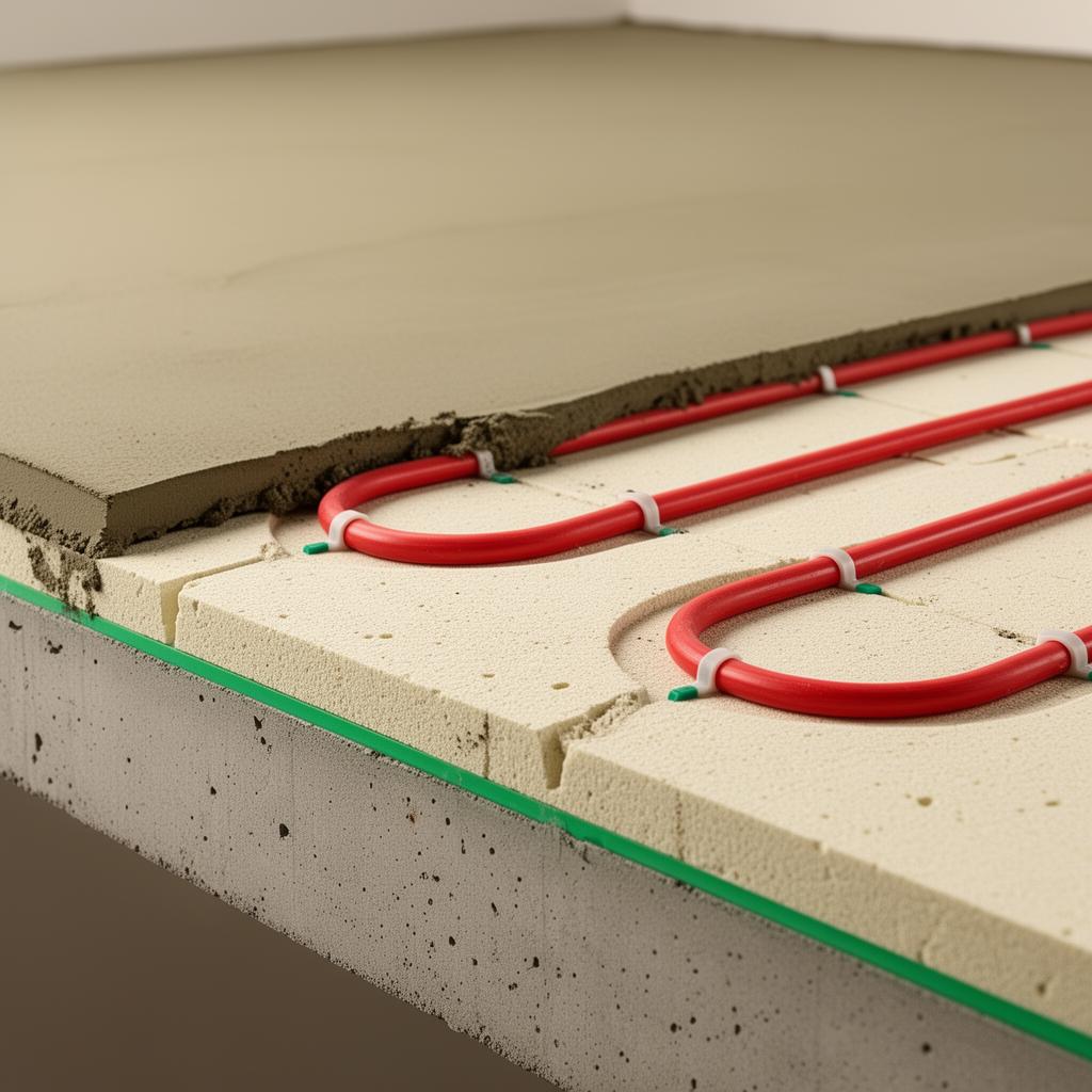 Doorsnede van een Isopact vloer met cementgebonden PIR-isolatie en vloerverwarming