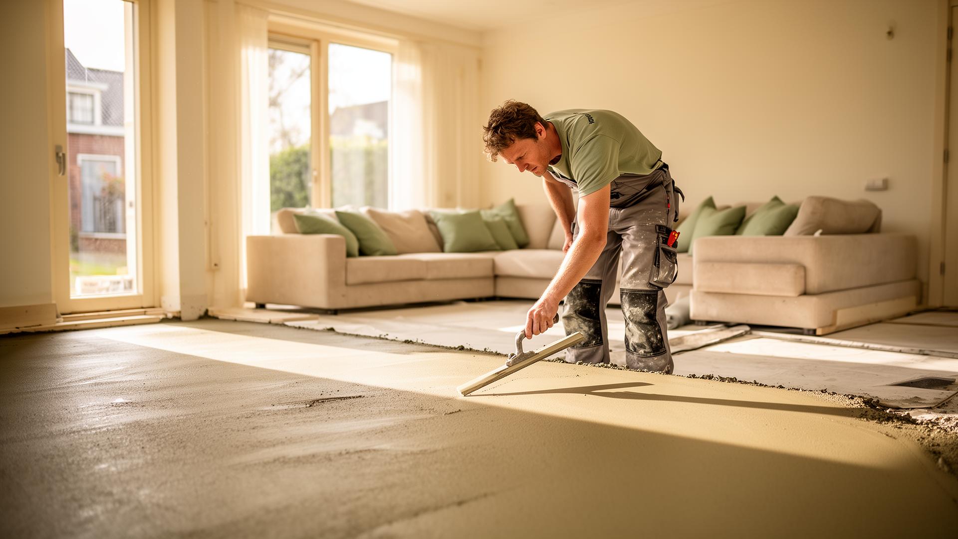 Vakman brengt Isopact cementgebonden vloerisolatie aan in een woonkamer